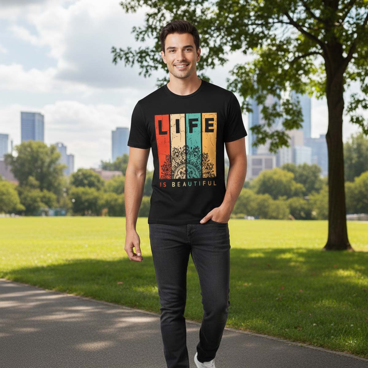 Men's Black LIFE Graphic Printed T-shirt - Image 3